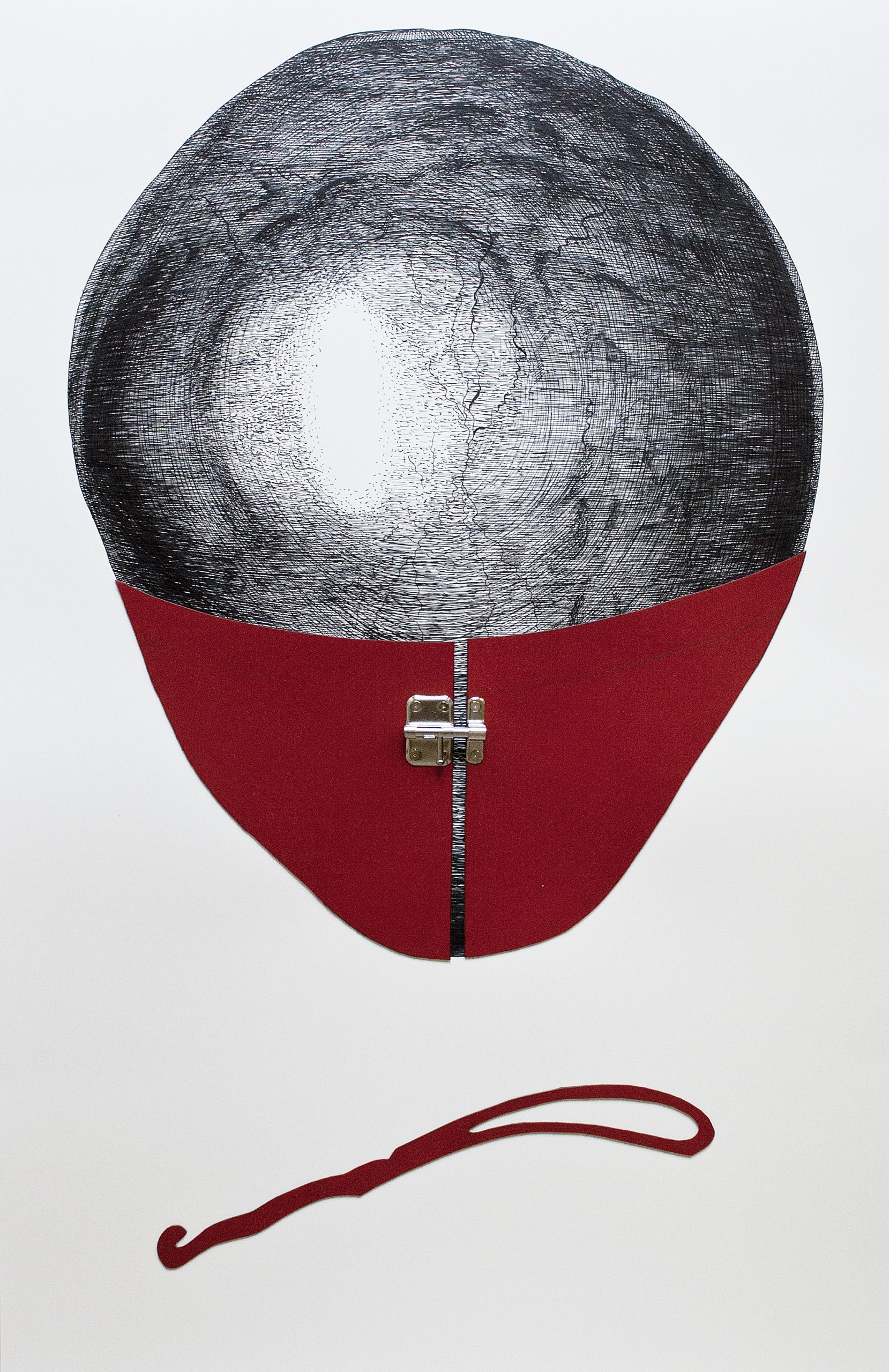 Touchez-la III, 2022, marker, leather, metal, 100 x 65 cm
